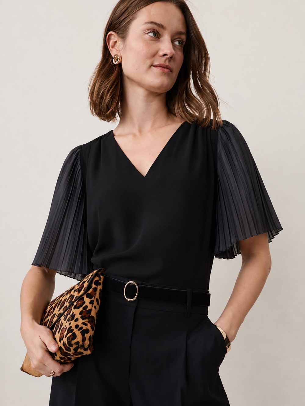 Ann Taylor Black V-Neck Top with Pleated Short Sleeves
